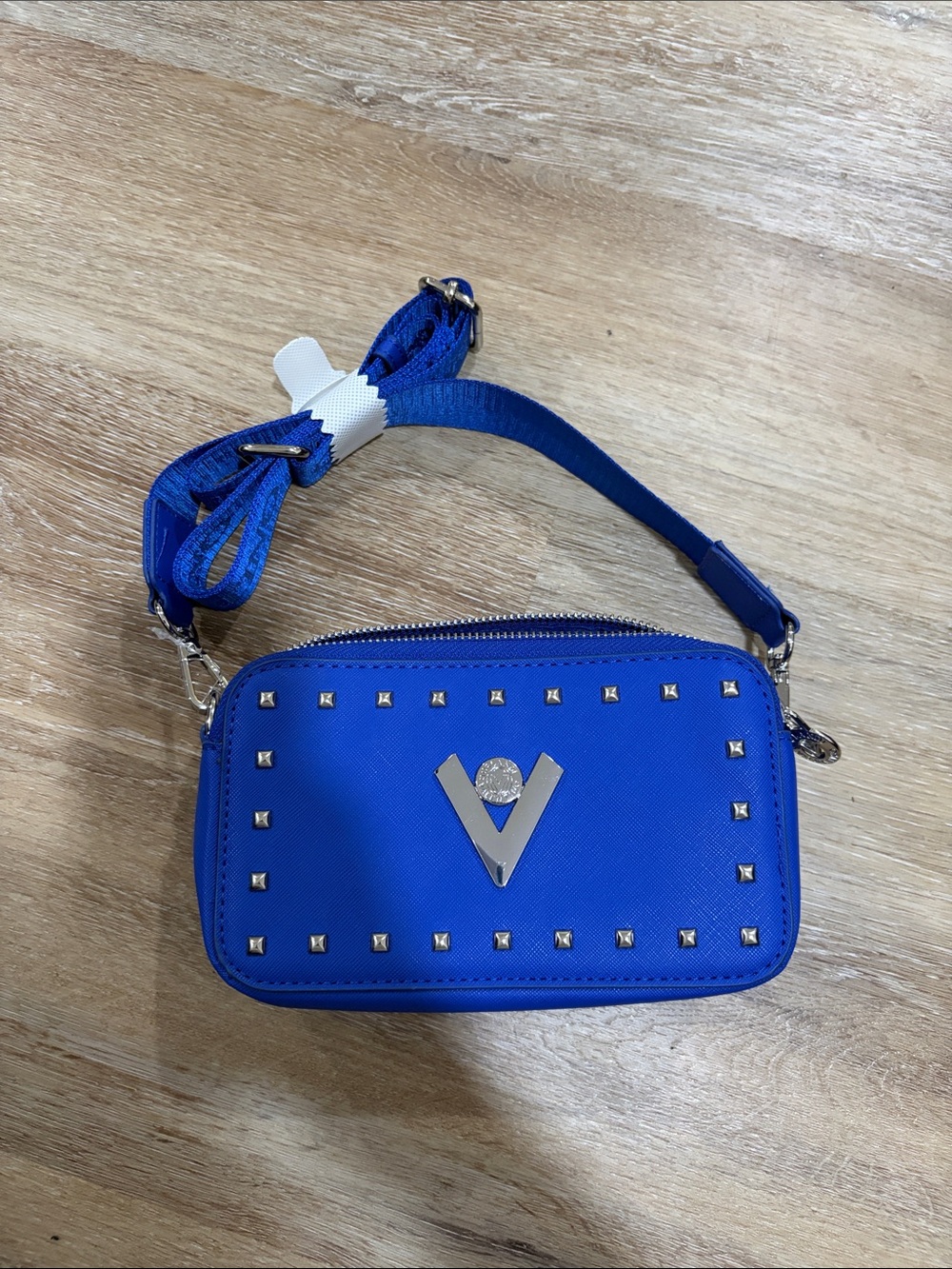 Blue Studded Crossbody Bag with Metallic V Accent